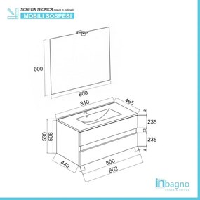 Mobile bagno sospeso rovere grigio 80 cm lavabo e specchiera LED Easy