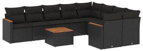 Set divani da giardino 10pz con cuscini in polyrattan nero