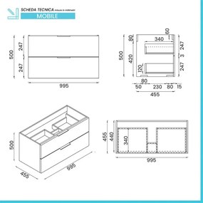Mobile bagno sospeso 100cm bianco opaco con cassetti lavabo e specchio Elva