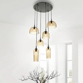 Lampadario a sospensione PUCK D60 cm in vetro soffiato rigato AMBRA