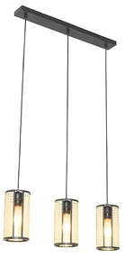 Lampada a sospensione orientale nera con rattan 3 luci oblunga - Akira