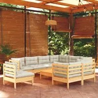 Set Divani da Giardino 10 pz con Cuscini Crema Massello di Pino 3096773