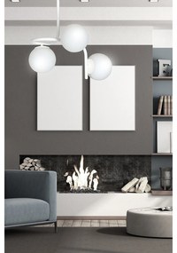 Lampadario 3 Luci Rama In Acciaio Bianco A Bracci E Sfere In Vetro Opalino