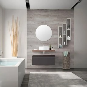 Mobile Bagno Sospeso 80 Cm Con Cassettone Antracite Mensola Rovere Lavabo E Specchio Aurora