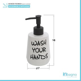 Dispenser sapone liquido Wash in ceramica bianco con scritte nere