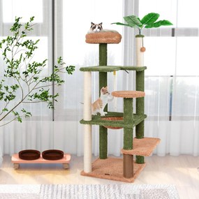 Costway Albero per gatti 152cm con posatoio in peluche giocattolo appeso pianta finta, Tiragraffi per gatti in sisal Verde