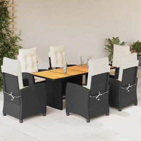 Set da pranzo da giardino 7 pz nero con cuscini in polyrattan