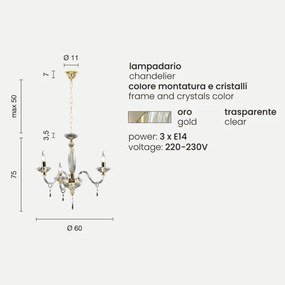 Lampadario FIAMMA in cristallo e vetro trasparente finitura oro 3 LUCI