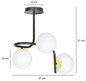 Lampadario 3 Luci Kalf In Acciaio Nero A Bracci E Sfere In Vetro Opalino E Oro