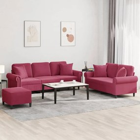 Set Di Divani 3 Pz Con Cuscini Rosso Vino İn Velluto /