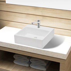 Lavandino Bagno İn Ceramica Bianca Quadrato Con Foro Rubinetto /