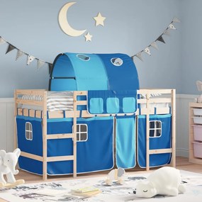 Letto A Soppalco Con Tunnel Bambini Blu 90x200cm Massello Pino /