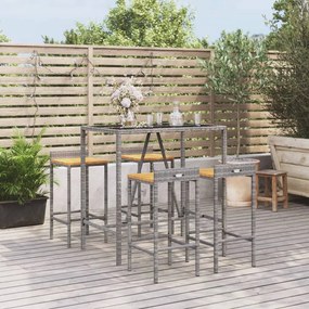 Set bar giardino 5pz grigio polyrattan e legno massello acacia