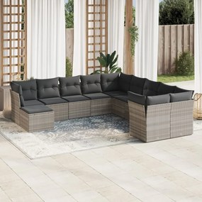 Set divani da giardino 11 pz con cuscini in polyrattan grigio