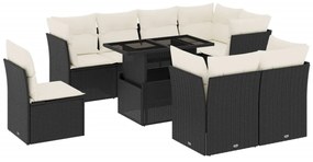 Set divani da giardino 9 pz con cuscini nero in polyrattan