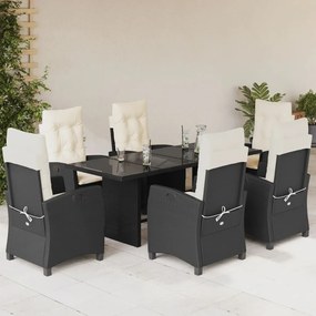 Set da pranzo da giardino 7 pz nero con cuscini in polyrattan