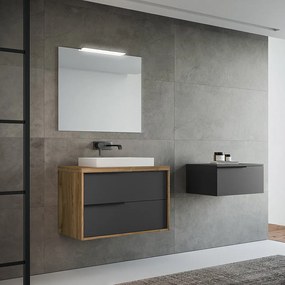 Mobile Bagno Sospeso 80 Cm Due Cassetti Specchio Con Lampada Led 81x70 Cm Savini "Iside 1"