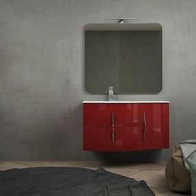 Mobile bagno sospeso rosso lucido 105 cm con specchio filo lucido, lavabo a sinistra