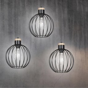 Lampadario 3 Luci Morgana Paralumi A Gabbia In Acciaio Nero E Legno Naturale