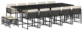 Set da pranzo da giardino 15 pz con cuscini nero in polyrattan