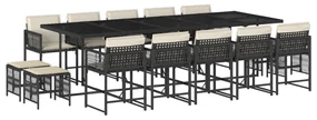 Set da pranzo da giardino 15 pz con cuscini nero in polyrattan