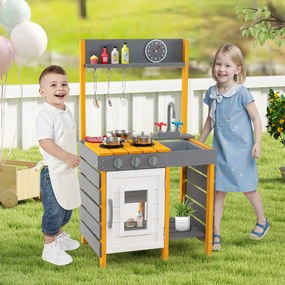 Costway Cucina giocattolo per bambini con fornelli e ganci appesi e mensole portaoggetti, Giocattolo in legno per bambini 3+ Grigio
