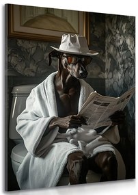 Quadro su tela – Cane con giornale in bagno