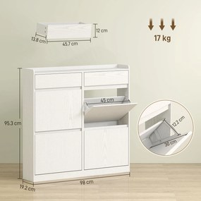 Scarpiera Slim 98x19,2x95,3 cm con 4 Ante a Ribalta e 2 Cassetti in Legno Bianco...