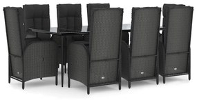 Set da pranzo da giardino 9 pz con cuscini nero in polyrattan