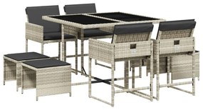 Set pranzo da giardino 9pz con cuscini grigio chiaro polyrattan