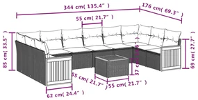 Set divani da giardino 11 pz con cuscini in polyrattan grigio