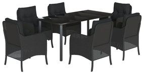 Set da pranzo da giardino 7 pz nero con cuscini in polyrattan