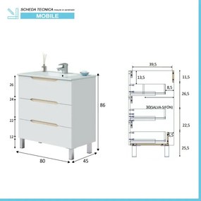 Mobile bagno da terra 80 cm bianco e rovere con top e specchio Brillo