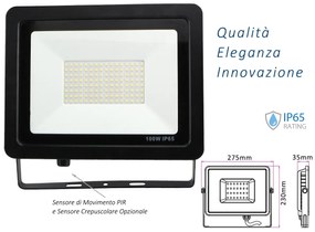 Faro Led Flood Light Slim 100W IP65 Bianco Neutro Carcassa Nera Sensore PIR Opzionale CL1918