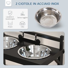 Portaciotole per Cani Rialzata con Altezza Regolabile 40,5x22x39 cm 2 Ciotole in Acciaio da 900ml Nero...