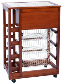 Carrello da cucina portapane e portabottiglie in legno con ruote CILIEGIO