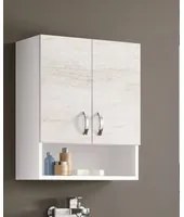 Pensile Bagno Beasain, Mobiletto portaoggetti da muro, Armadietto da bagno con 2 ante battenti e vano giorno, Made in Italy, Cm 58x22h70, Rovere sbiancato