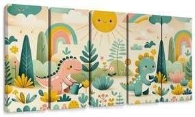 Quadri 5 pezzi – Dinosauri allegri in paesaggio arcobaleno