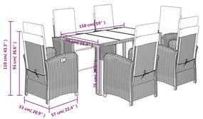 Set da Pranzo da Giardino 7 pz con Cuscini in Polyrattan Grigio