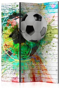 Paravento Sport Colorato (3 parti) - calcio su sfondo di mattoni chiari