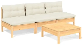 Set divani da giardino 4 pz con cuscini crema massello di pino