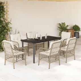 Set da pranzo da giardino 7 pz con cuscini beige in polyrattan