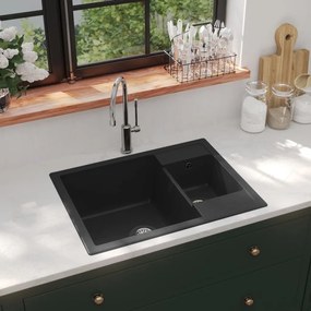 Lavello Da Cucina Doppio Con Foro Troppopieno Nero İn Granito /