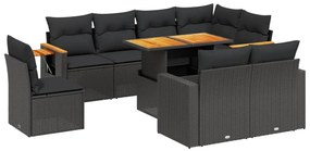 Set Divani da Giardino 9 pz con Cuscini Nero in Polyrattan