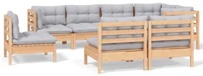 Set divani da giardino 8 pz con cuscini grigi massello di pino