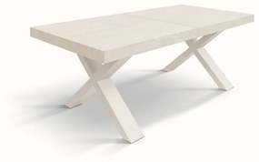 Tavolo allungabile AMALFI in legno effetto bianco frassinato e gambe a X bianche, allungabile 160&#215;90 cm &#8211; 240&#215;90 cm