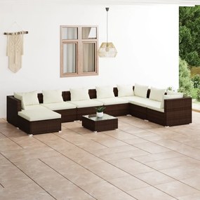 Set divani da giardino 9 pz con cuscini in polyrattan marrone