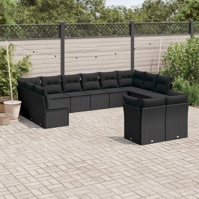 Set divani da giardino 12 pz con cuscini nero in polyrattan
