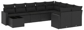 Set divani da giardino 10pz con cuscini in polyrattan nero