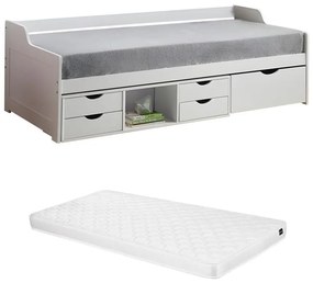 SALDI -  Divanetto letto con vani portaoggetti + materasso 90 x 190 cm in Pino Bianco - ADELISE